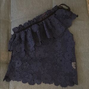 Yomis Navy Embroidered Lace One Shoulder Blouse with Scallop Edge. Size Small.